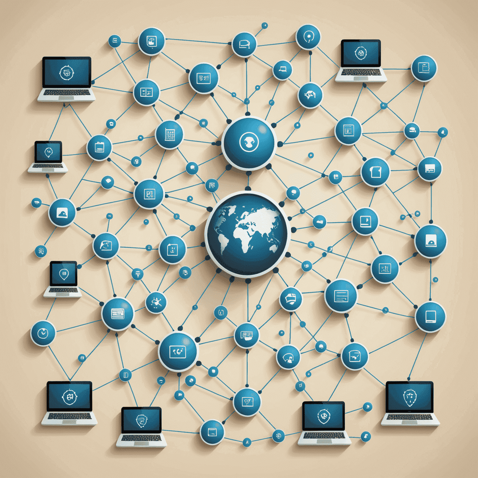 Image représentant une cartographie réseau avec des noeuds interconnectés et des icônes d'ordinateurs