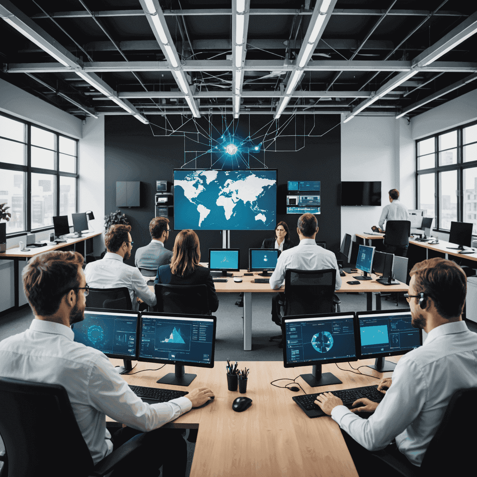 Image représentant un réseau d'entreprise français avec des ordinateurs connectés et l'interface d'Advanced IP Scanner en superposition