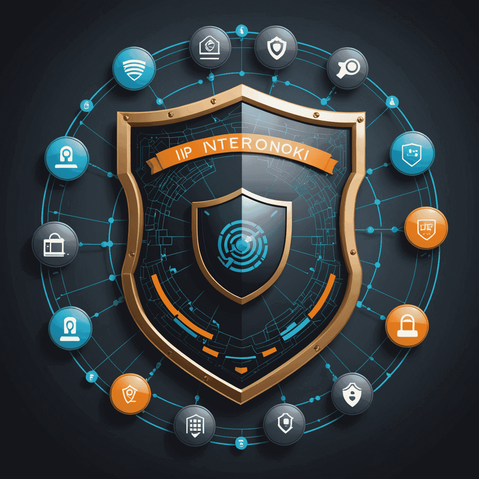 Illustration d'un bouclier protégeant un réseau, avec des icônes de sécurité et le logo d'Advanced IP Scanner