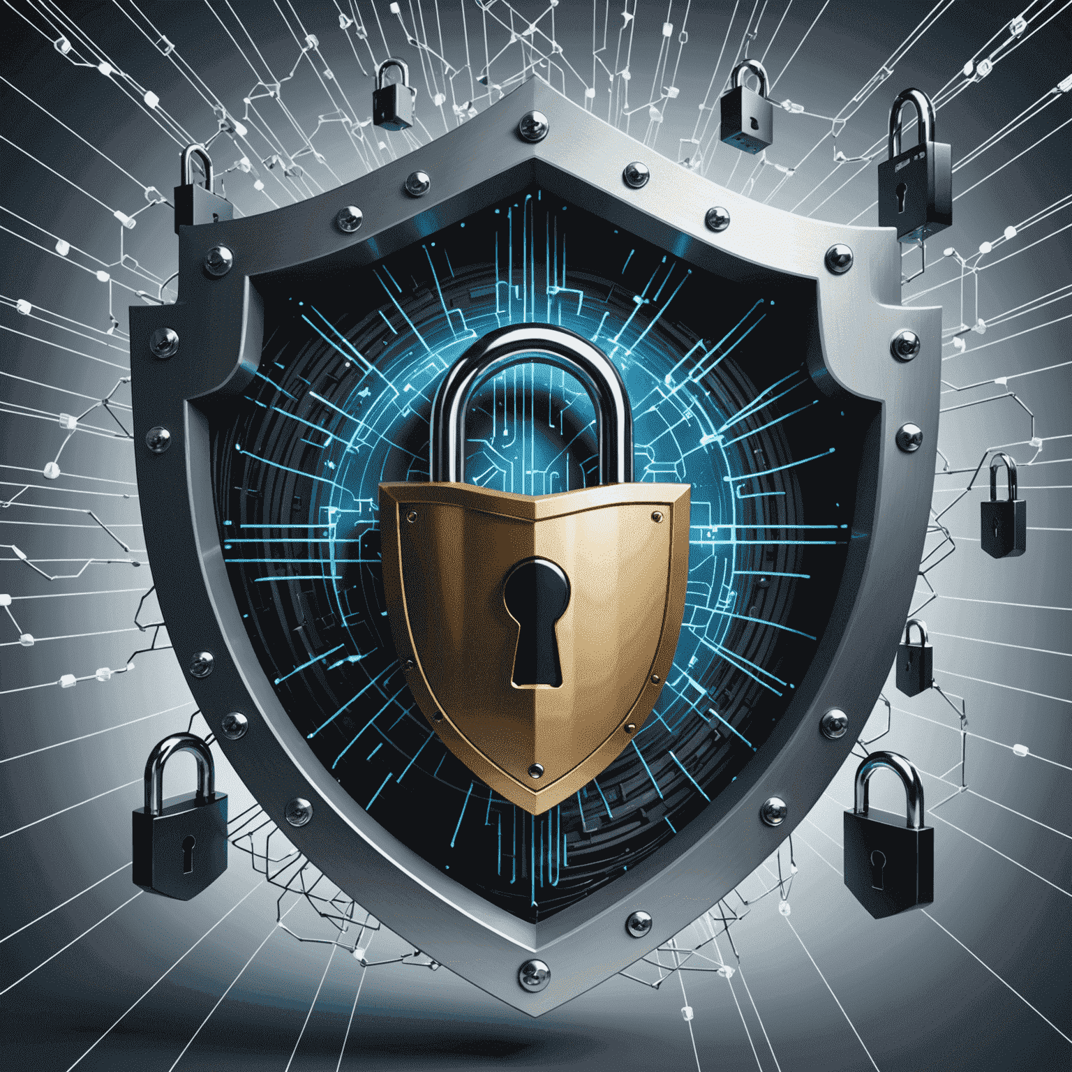 Image illustrant la sécurité réseau avec un bouclier, des cadenas et des lignes de code