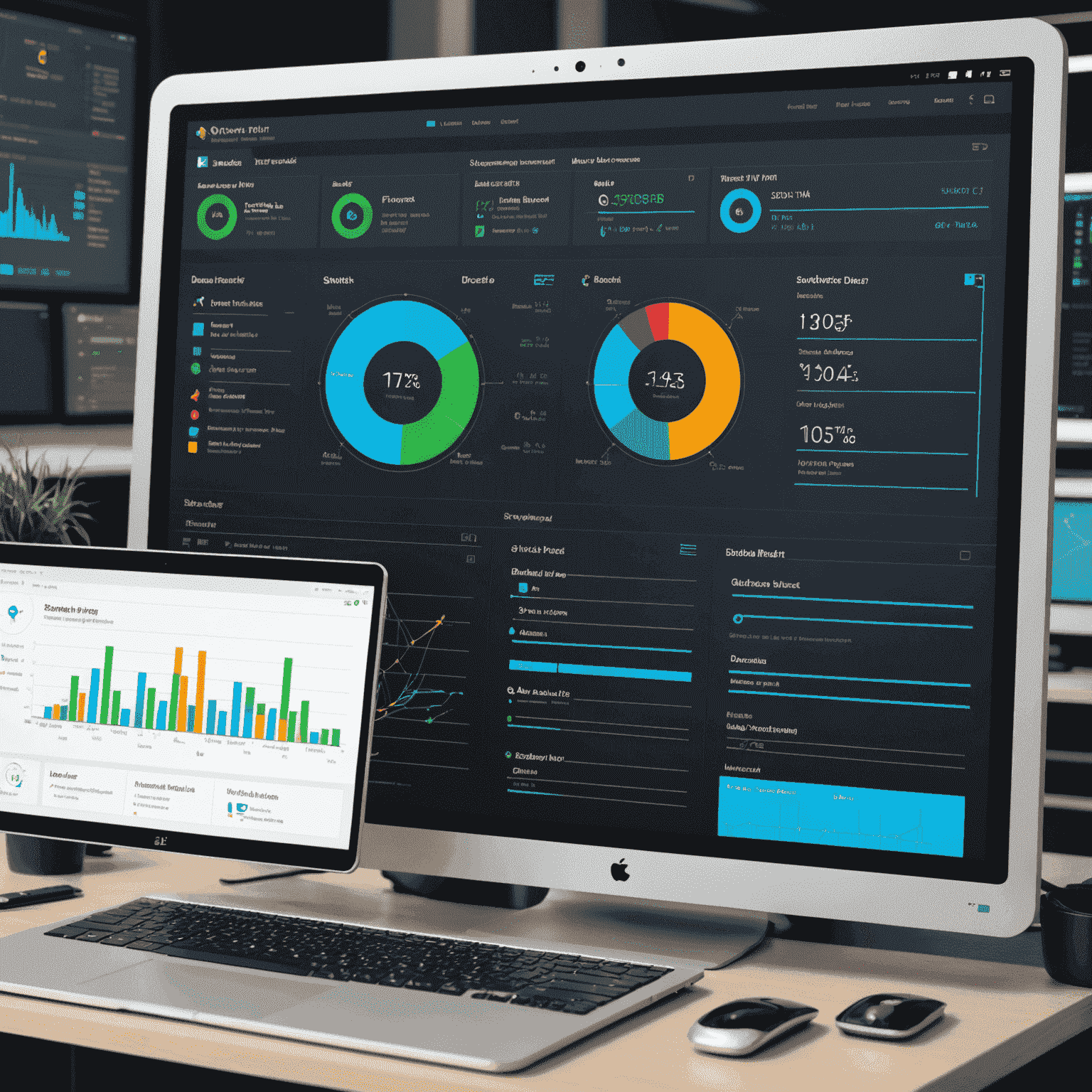 Tableau de bord montrant la gestion des ressources réseau avec Advanced IP Scanner, incluant des graphiques et des listes d'appareils