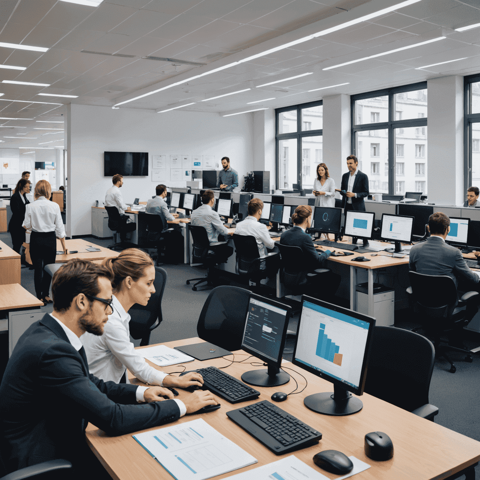 Image montrant un bureau d'entreprise française avec des employés utilisant Advanced IP Scanner sur leurs ordinateurs